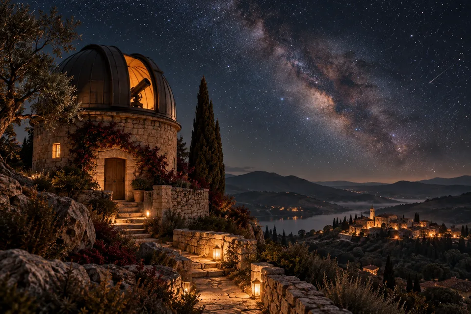 AI atmospheric interpretation of a dark-sky landscape, not an astronomical photograph or a promise of visible stars at a destination