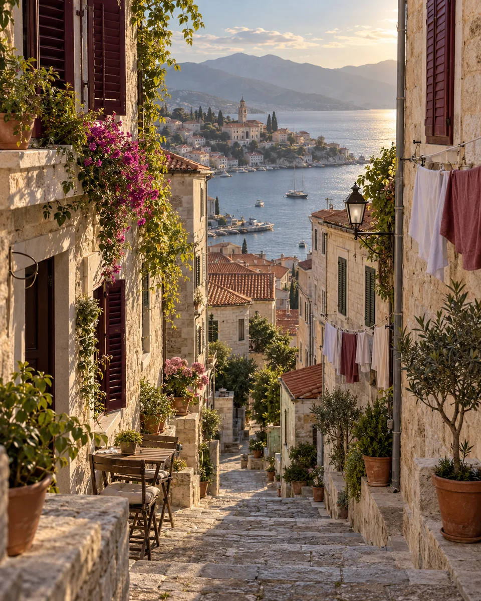 AI illustration of a lived-in Mediterranean neighborhood, not a photograph of Venice