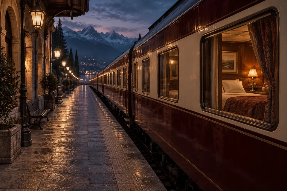 AI atmospheric illustration of a European-style night train, not a photograph of a specific service or carriage