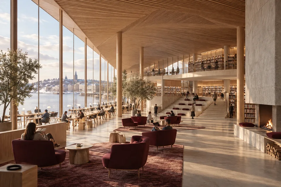 AI architectural interpretation of a contemporary public library, not a documentary photograph of Oodi