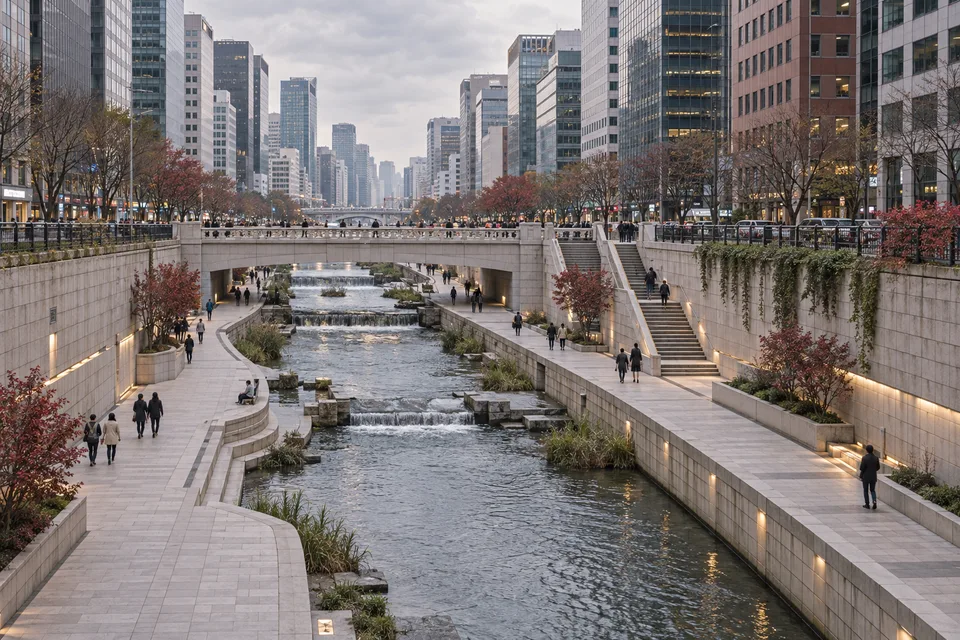AI editorial illustration of an imagined engineered urban stream in a dense Seoul-like downtown; not a documentary view of Cheonggyecheon
