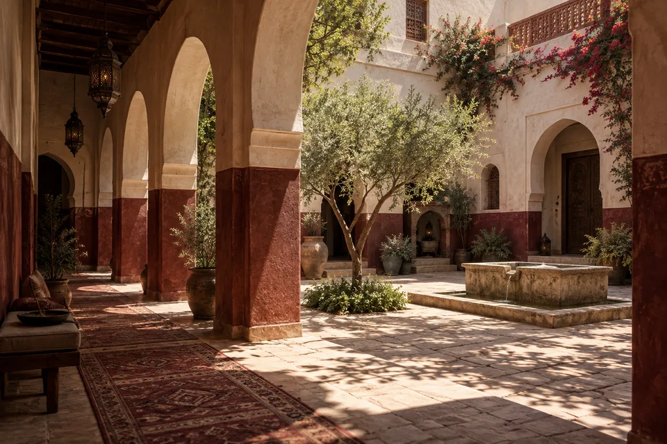 AI architectural interpretation of a shaded courtyard and airflow, not a survey of a historic building